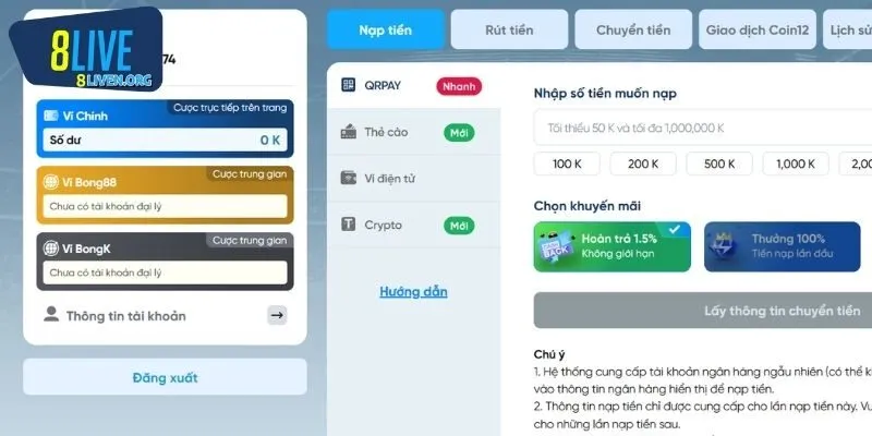 QRPay giải pháp nạp tiền 8LIVE siêu tốc cho bet thủ hiện đại