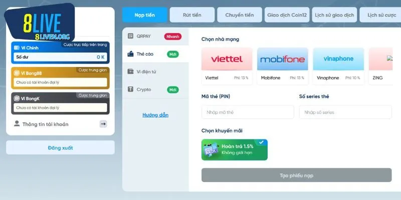 Nạp tiền 8LIVE tối thiểu là bao nhiêu?