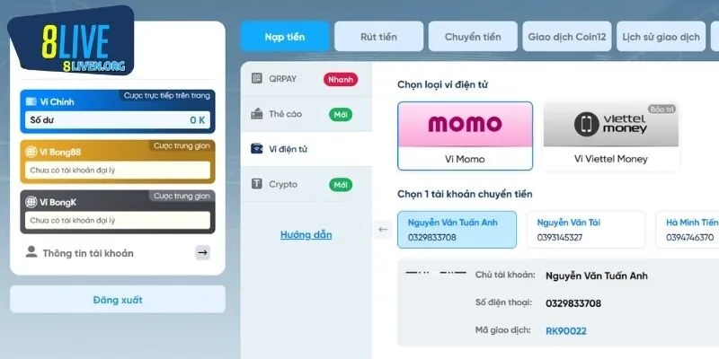Nạp tiền 8LIVE ví điện tử